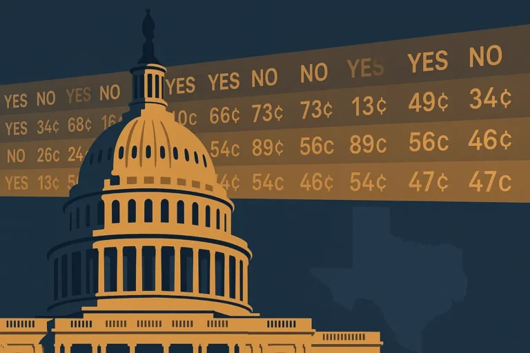 Illustration of the US Capitol with an event-contract price ticker and an outline of Texas