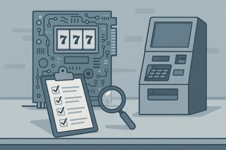 Illustration of casino gaming hardware on a testing bench with a compliance certification checklist