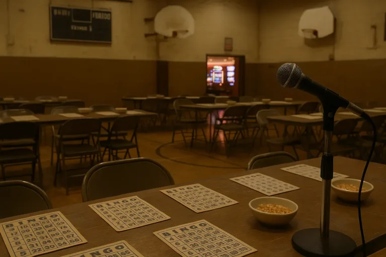1970s gymnasium bingo hall with paper cards and corn kernels, a modern casino floor visible beyond the doorway