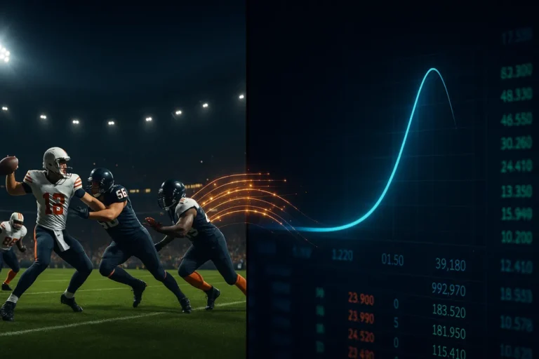 Stadium action linked by data streams to a trading screen showing live prediction market prices
