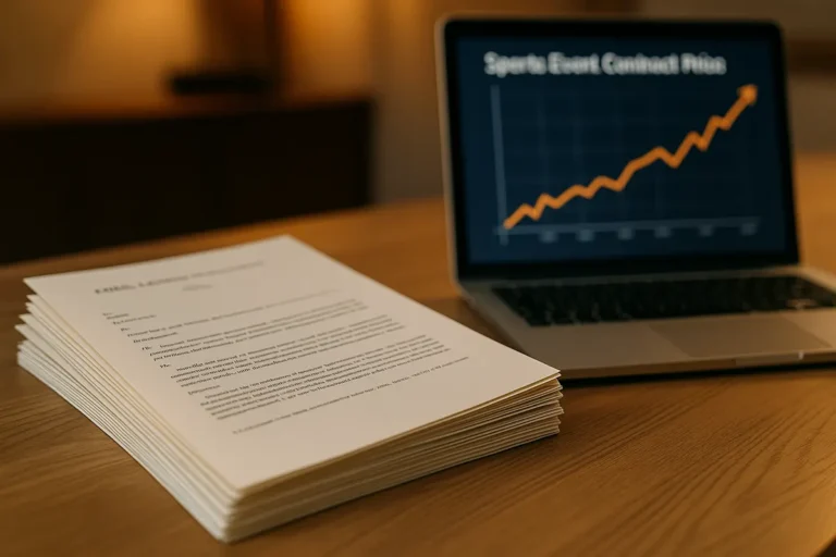 Legal cease-and-desist letters on a desk next to a laptop displaying a sports event contract price chart