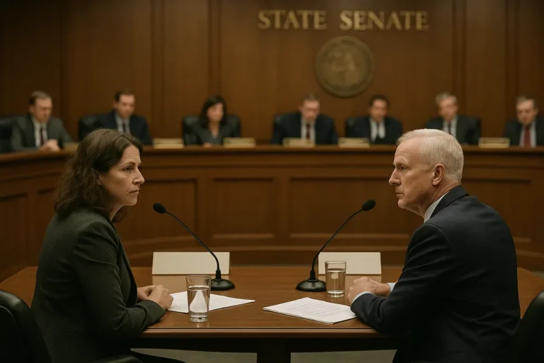 Witnesses testifying at a state senate committee hearing table on prediction markets regulation
