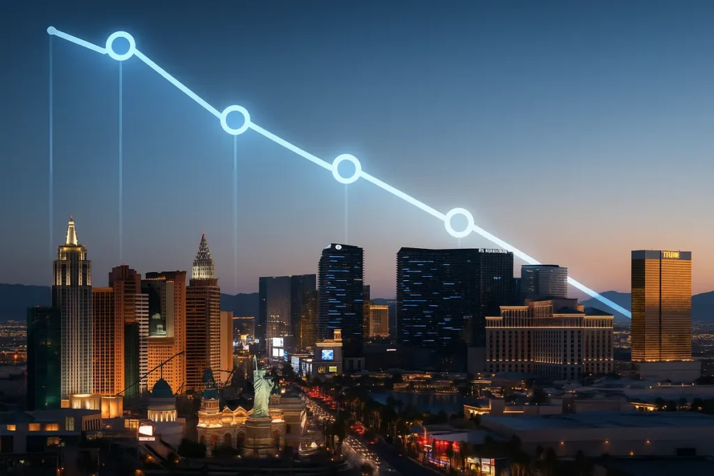 Las Vegas Strip hotel towers at dusk with a declining rate chart overlaid, illustrating soft Las Vegas room rates